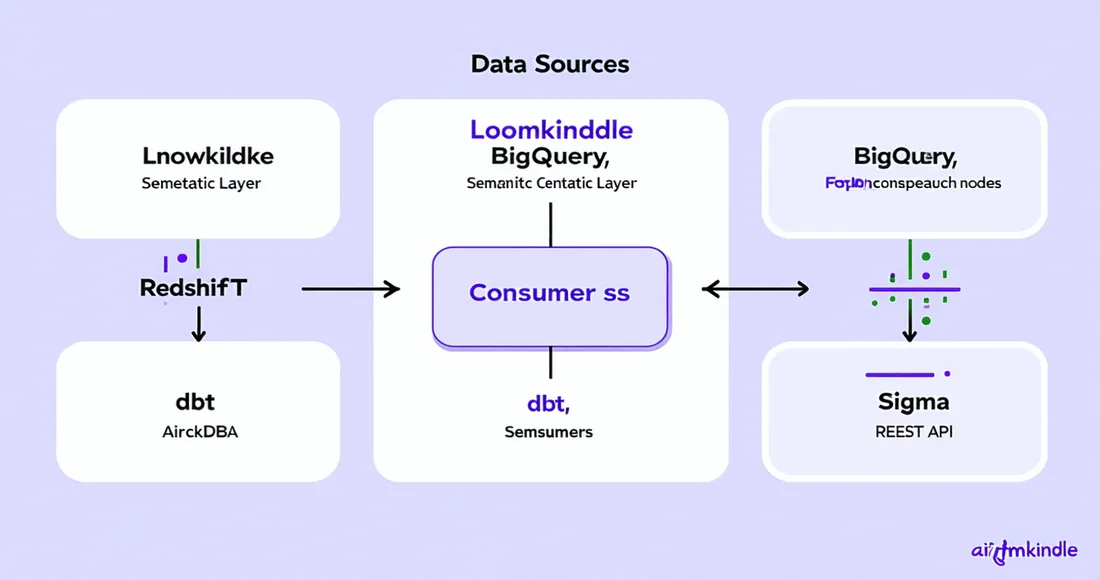 Loomkindle platform architecture showing data sources, semantic layer, agentic routing engine, and consumer integrations